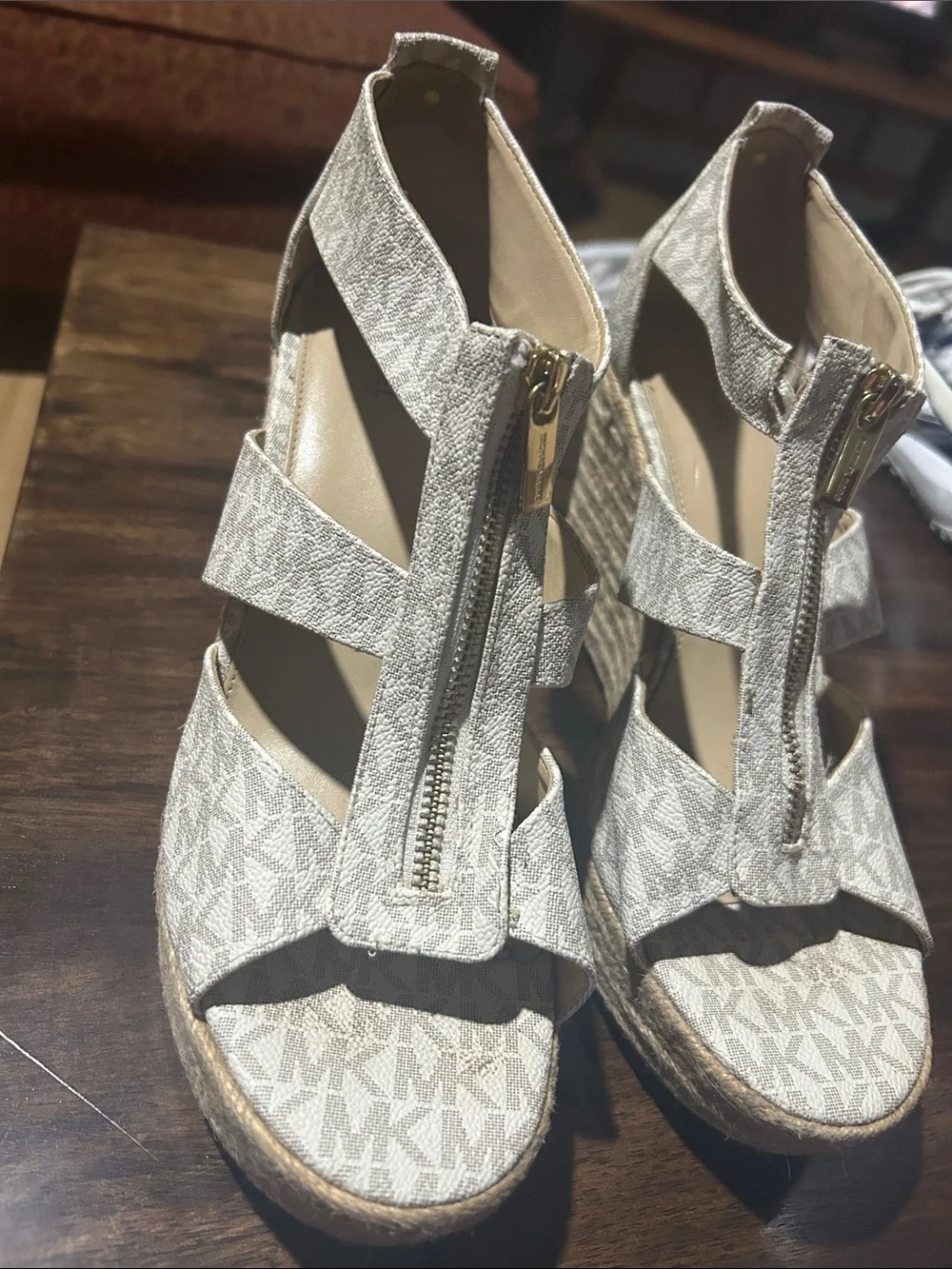 Michael Kors Neutral MK Signature Espadrille Wedge Sandals